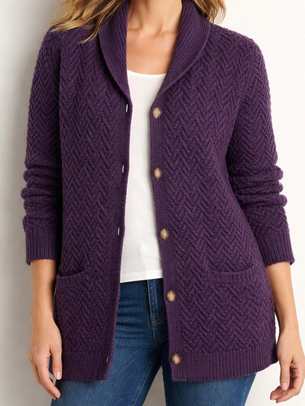 Talbots Purple Textured Herringbone Shawl Collar XL Wool Knit Cardigan